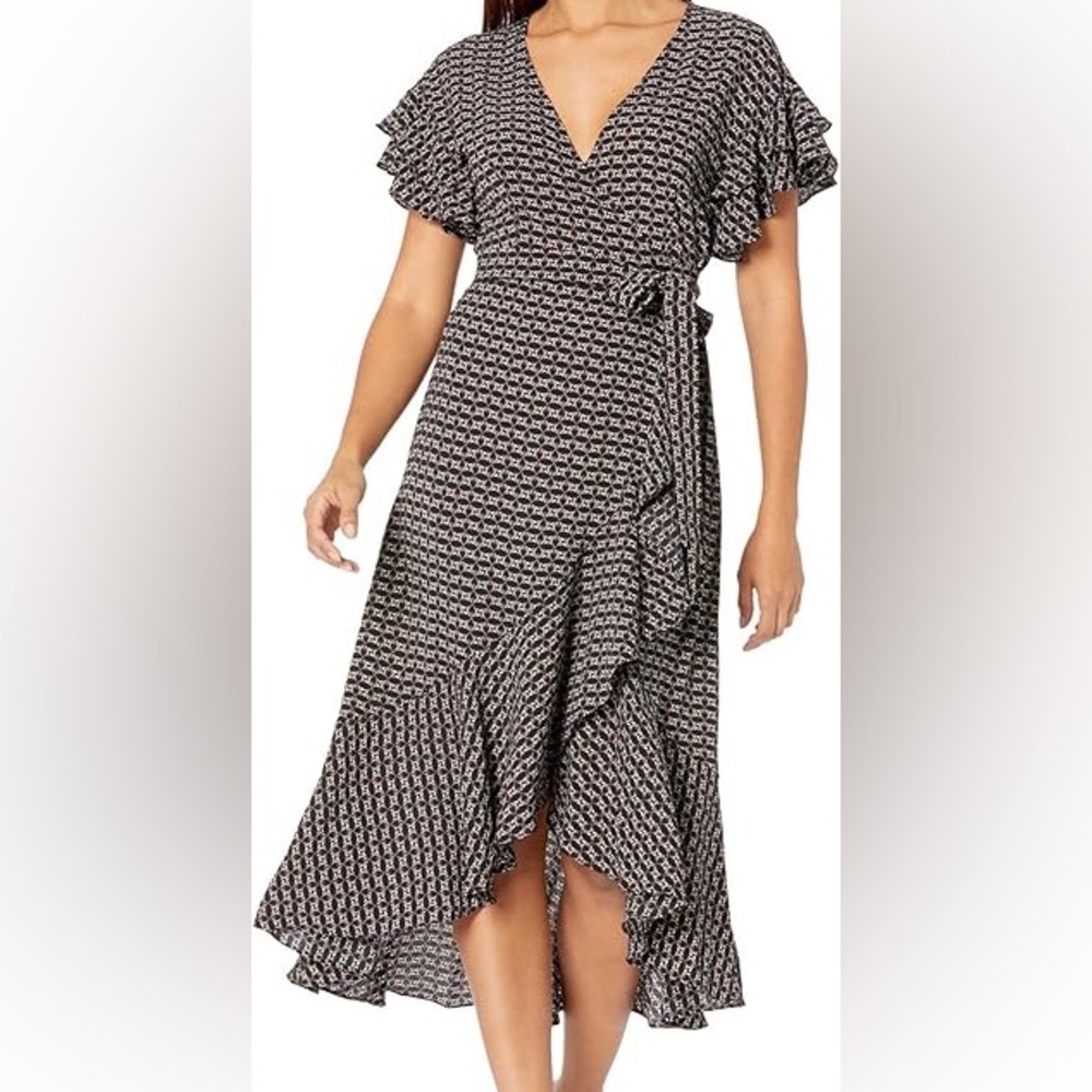 Max Studio Black and White Printed Wrap Midi Dress